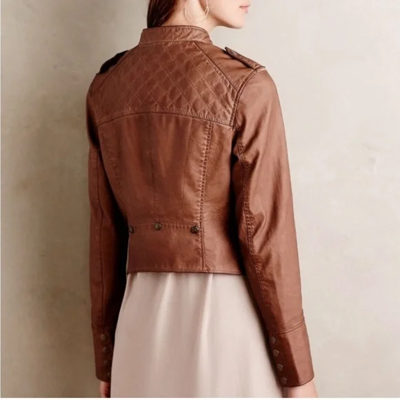 🚺 Anthropologie Hei Hei cognac brown vegan leather jacket - Picture 2 of 15